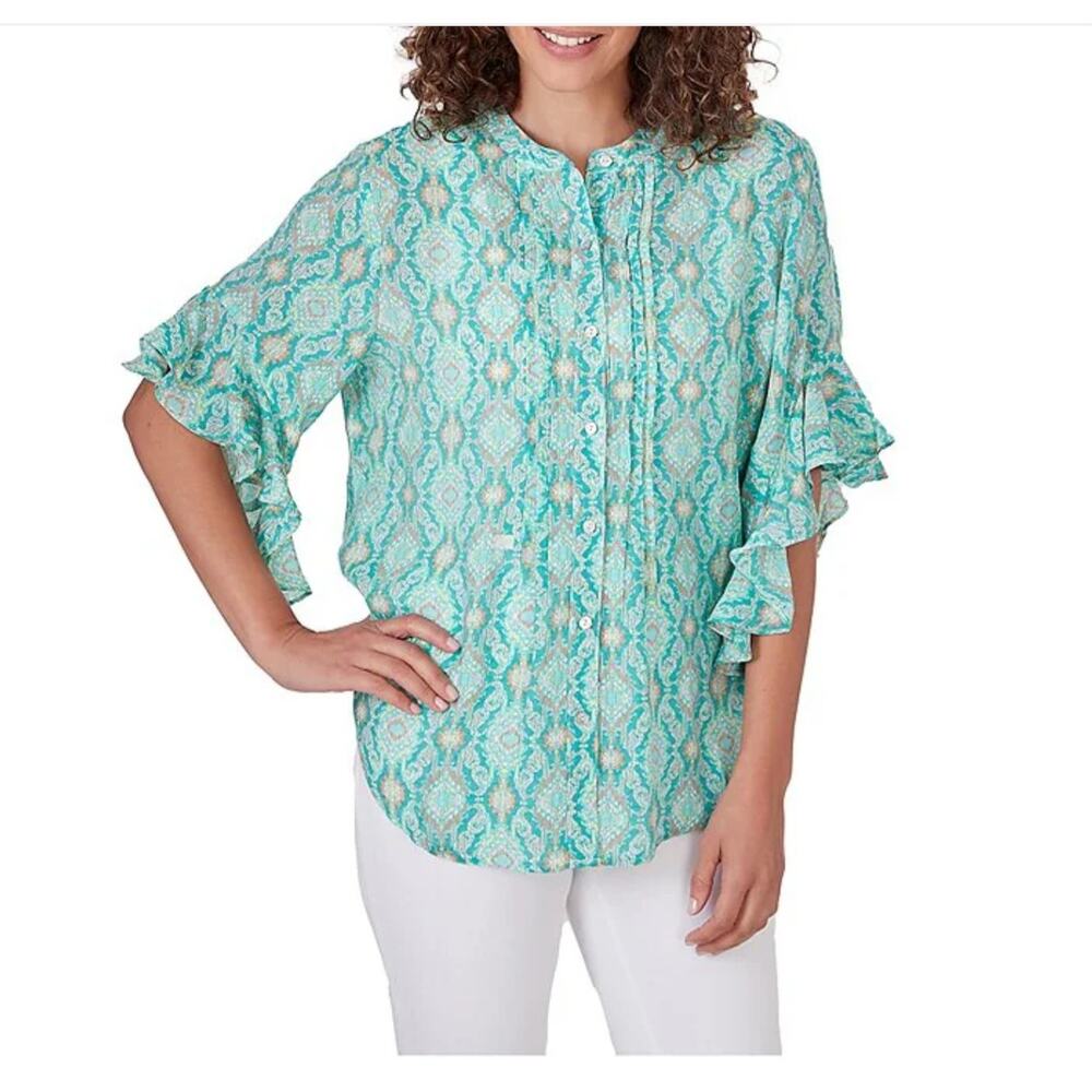 Ruby Rd Ikat Ruffle Sleeve Blouse Small Boho Retro Lightweight Top - Picture 2 of 12